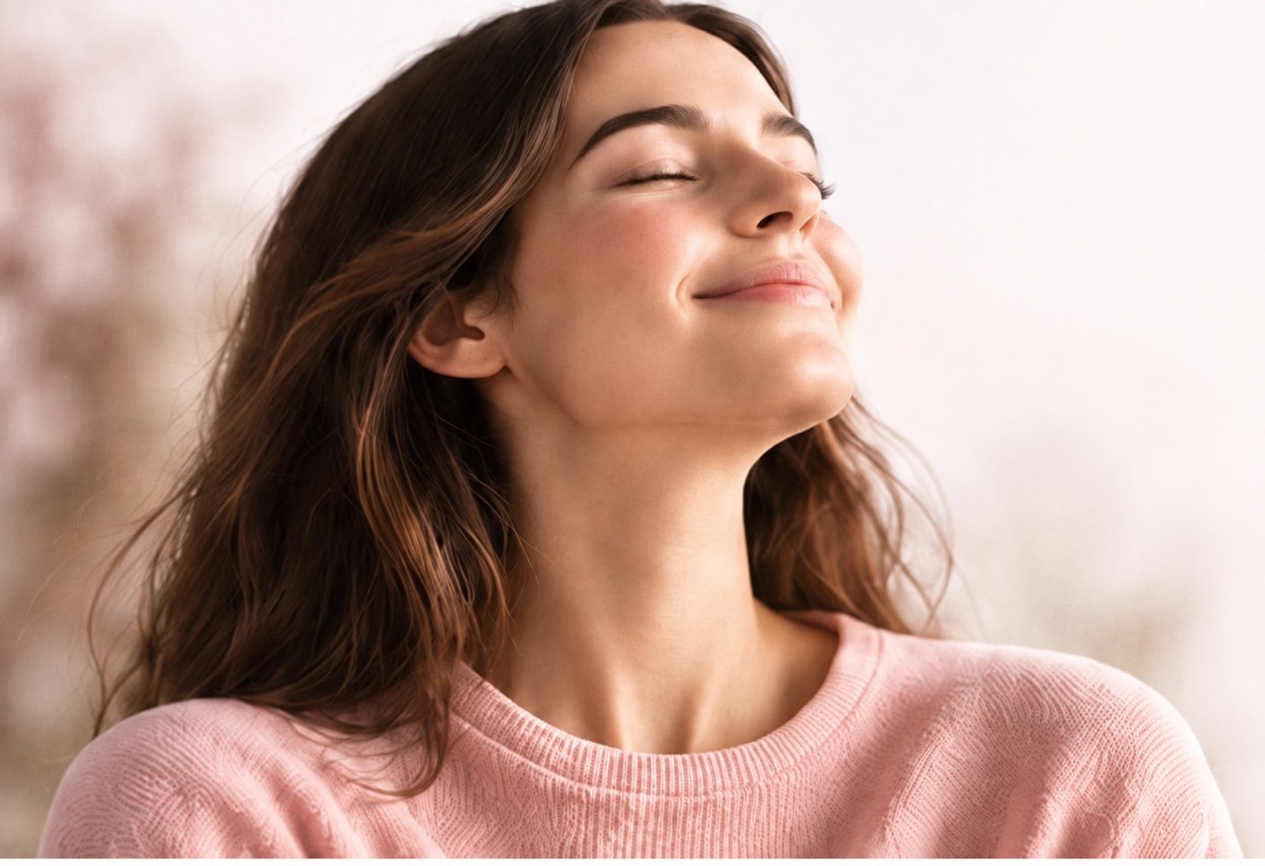 Mulher de olhos fechados aproveitando um momento de tranquilidade, com uma blusa rosa.