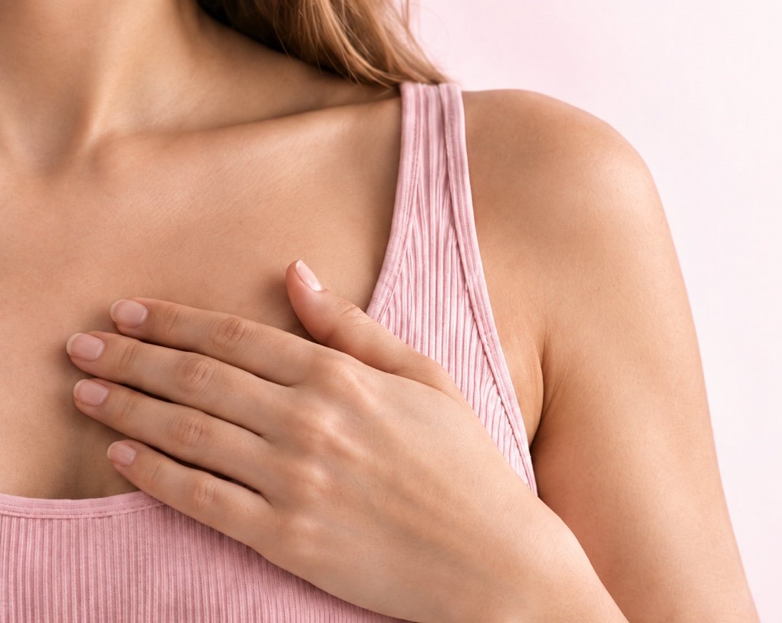 Mulher com a mão apoiada sobre o peito, em um gesto de atenção ao próprio corpo.
